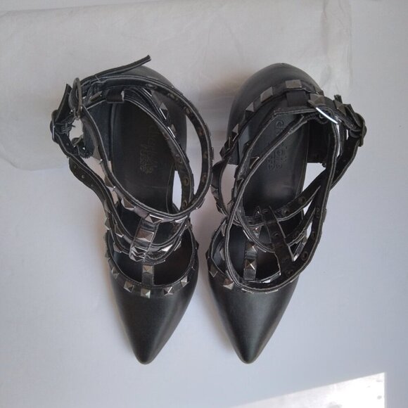 Black Pointed Toe 5 Brass Studded Strap Gladiator Style Stiletto Heels sz 7 - Picture 5 of 11